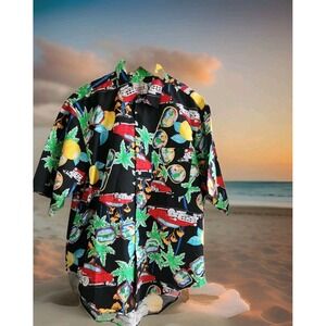 Vintage Bon Homme Mens L Hawaiian Shirt Classic Cars Palm Trees USA Made Black